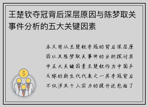 王楚钦夺冠背后深层原因与陈梦取关事件分析的五大关键因素