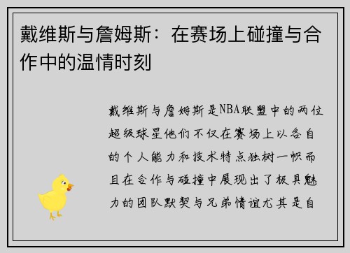 戴维斯与詹姆斯：在赛场上碰撞与合作中的温情时刻